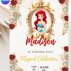 Puede incluir: Plantilla de invitación de fiesta con una ilustración de sirena en un marco dorado, con el nombre "Madison" en rojo y "Magical Celebration" en dorado. El diseño incluye rosas blancas y rojas, con la fecha y la hora.