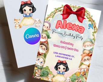 Snow White Birthday Invitation Girl | Princess Birthday Invitation | Snow White Party Invite | Editable Canva Template | Instant Download