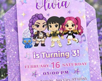 Huntrix, rumi baby, invitation huntrix,  Pop Star Birthday Invitation, Editable Canva Template, Music Theme Party, kpop demon
