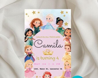 Editable Disney Princesses Invitation – Personalized Girl Birthday – Princess Birthday Invitation Canva