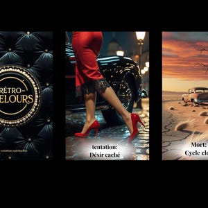 Può includere: Un'immagine in tre parti. La prima presenta uno sfondo nero trapuntato con un cerchio dorato che recita "Rétro-Velours". La seconda mostra una donna con un vestito rosso e tacchi alti. La terza raffigura una scena desertica con un cartello "MORT".