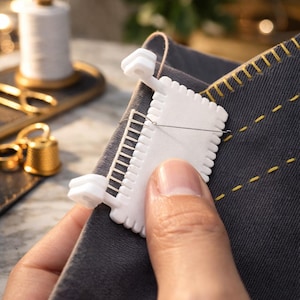 Op de afbeelding: Een wit plastic naai-meetgereedschap wordt gebruikt om stof te meten en te markeren. Het gereedschap wordt tegen een stuk donkergrijze stof met gele stiksels gehouden. Een spoel witte draad, een schaar en een vingerhoed bevinden zich op de achtergrond.
