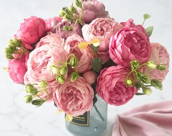 30cm Artificial Flowers with 5 Big Heads and 4 Buds Rose Pink Peony Silk Bouquet Faux Wedding Bouquet Home Indoor Table Centerpieces Decor