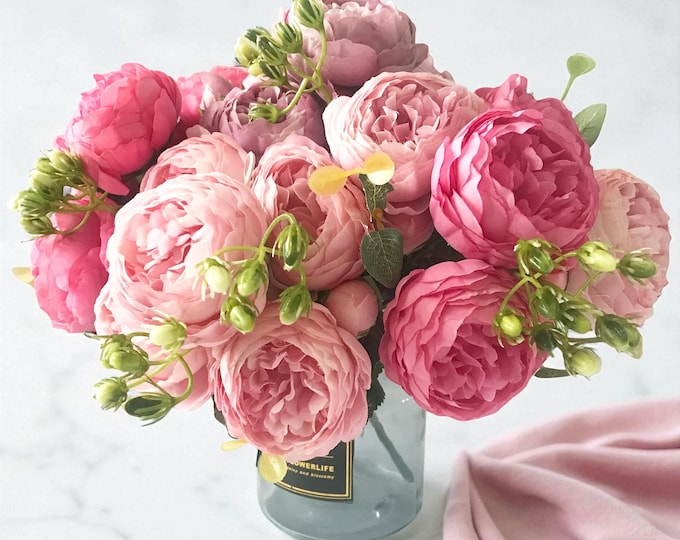 30cm Artificial Flowers with 5 Big Heads and 4 Buds Rose Pink Peony Silk Bouquet Faux Wedding Bouquet Home Indoor Table Centerpieces Decor