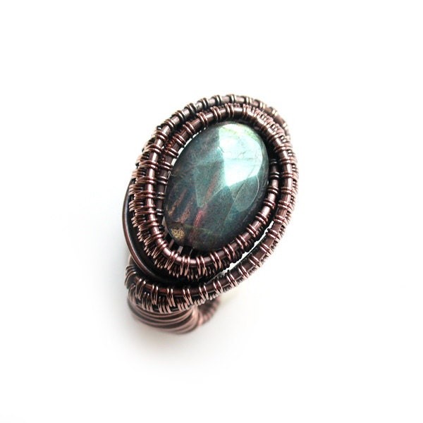 SALE Artpiece copper wire wrapped RING (US 9) fire labradorite grey brown Valentine gift for her