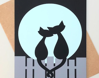 Moonlight Cats Romantic Greeting Card - Alley Cat Love - Cat Lover Gift