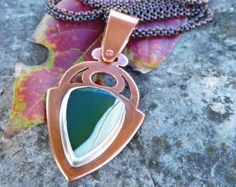 Imperial Jasper necklace | Stone statement necklace | Green stone pendant | bohemian necklace | Artisan metal work | copper pendant