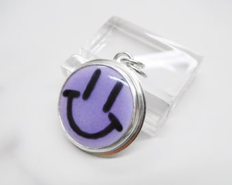 Purple Enamel SMILE FACE pendant - STERLING silver - Glass enamel - Artisan handmade