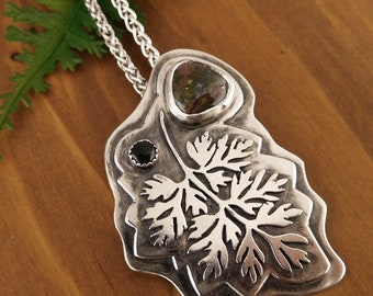 Leaf necklace sterling silver- Jasper and Jade gemstones - artisan crafted