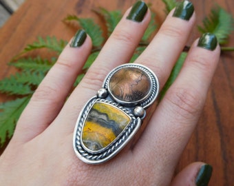Bumble bee jasper and penny ring - size 7 - sterling silver - southwestern style