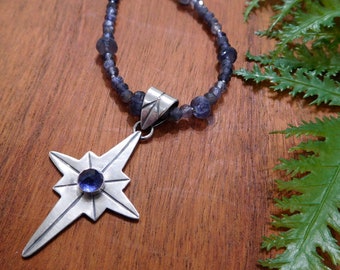 North Star pendant - 18" iolite beaded necklace - Sterling silver