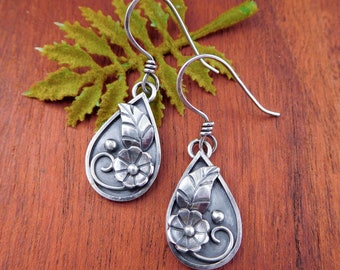 Flower leaf botanical earrings - sterling silver - handmade