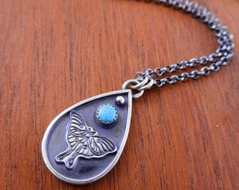 Luna moth turquoise pendant- sterling silver - handmade