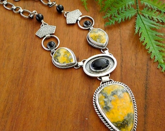 Bumble bee jasper necklace - Artisan statement necklace - sterling silver - onyx