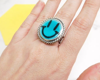 Teal - Happy face glass enamel ring - size 8 - sterling silver - artisan made - smile ring