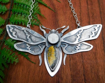 Moon maiden moth necklace - bumble bee jasper, carved bone face, sterling silver