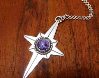 North star Charoite pendant - sterling silver - artisan made - 18 inch