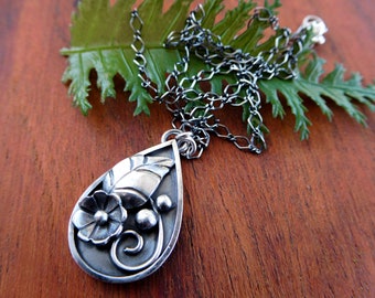 Flower leaf botanical pendant- sterling silver - handmade