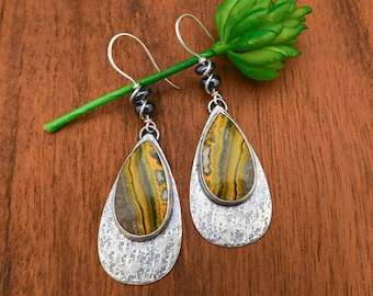 Bumblebee jasper drop earrings - sterling silver - Artisan made