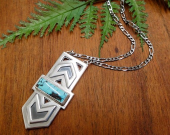 Turquoise Geometric necklace #2- sterling silver curb chain - artisan made