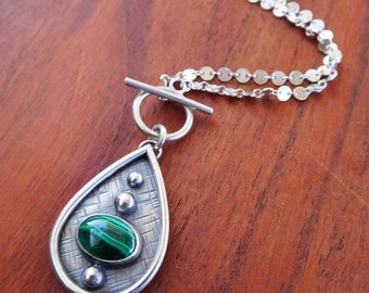Malachite Teardrop pendant- sterling silver - handmade