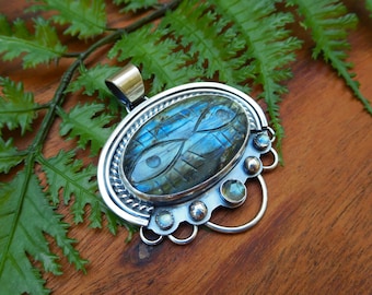 Carved Labradorite eye pendant -sterling silver - artisan handcrafted