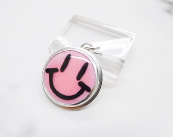 Pink Medium SMILE FACE pendant - STERLING silver - Glass enamel - Artisan handmade