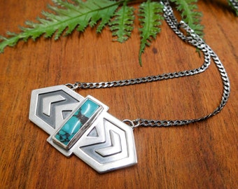 Turquoise Geometric necklace #1 - sterling silver curb chain - artisan made