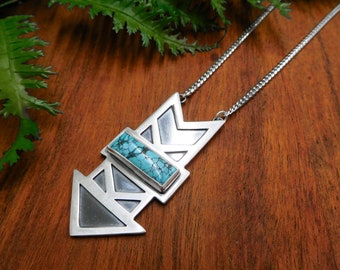 Turquoise Geometric necklace #8- sterling silver curb chain - artisan made