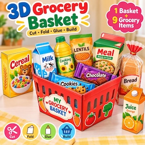 May include: A 3D paper craft grocery basket set featuring a red basket labeled My Grocery Basket with carrot and tomato graphics. Includes nine paper grocery items: cereal, milk, cooking oil, lentils, meal, chocolate, cookies, bread, and orange juice.