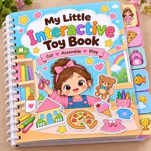 May include: A spiral-bound activity book titled My Little Interactive Toy Book with the subtitle Cut Assemble Play. The cover features a cartoon character holding scissors, surrounded by paper cutouts of a house, pizza, and bear.