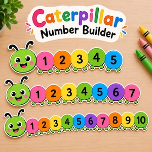 May include: A Caterpillar Number Builder educational set featuring three green caterpillar heads with smiling faces and colorful body segments labeled with black numbers from one to ten. The title text reads Caterpillar Number Builder.