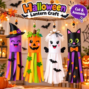 May include: Four hanging Halloween lantern crafts featuring a purple witch, an orange pumpkin, a white ghost, and a black cat. Each character has a cylindrical body with colorful paper streamers hanging below, suspended by twine with wooden beads.