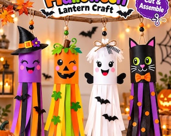Manualidad de linternas de Halloween para imprimir / 4 linternas de papel para recortar y armar / Bruja, calabaza, fantasma y gato negro: manualidad de papel para niños (PDF)