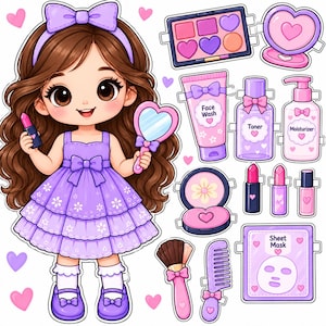 May include: A paper doll character with long brown hair wearing a purple dress and headband, accompanied by various paper accessories including a makeup palette, heart-shaped mirror, face wash, toner, moisturiser, lipsticks, brush, comb, and sheet mask.