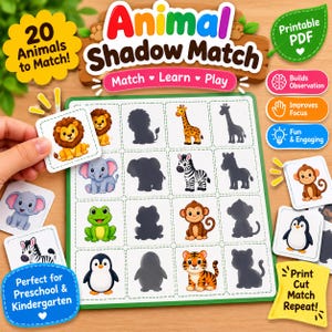 May include: An Animal Shadow Match game featuring a grid of colorful animal illustrations and their corresponding black silhouettes. The game includes a lion, giraffe, zebra, monkey, frog, elephant, penguin, and tiger, with text labels.