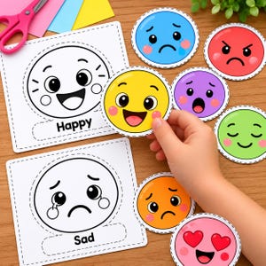May include: A set of printable emotion cards featuring circular faces with various expressions including happy, sad, angry, surprised, and loving. The collection includes black and white outlines for coloring and vibrant, pre-colored circular emoji cutouts.