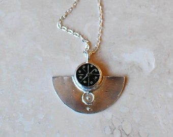 Solid Silver And Vintage Dark Forest Green Glazed Stoneware Zennor Pendulum Necklace.