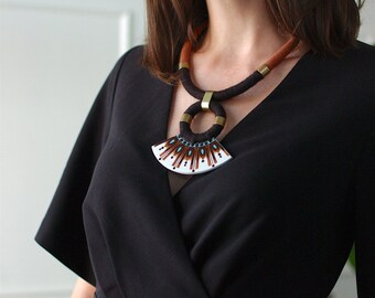 Stunning vintage stoneware 'Solsta' statement neck piece on terracotta rope.