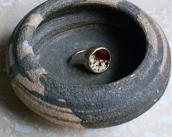 Solid Brass & Vintage Dark Cacoa Brown And Chalk White Speckled Glaze Stoneware Wheel Ring