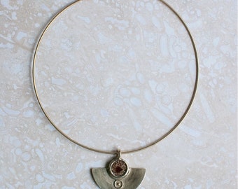 Solid Brass, Dark Cacoa & Chalk White Speckled Stoneware Zennor Pendulum Necklace On Polished Brass Neck Wire