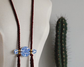 Beautiful  'Luna Morvah' recycled vintage willow china and brass pendant on long dark burgundy colour twisted cotton rope.