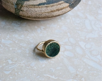 Solid Brass & Vintage Dark Green And Black Speckled Glaze Stoneware Wheel Ring