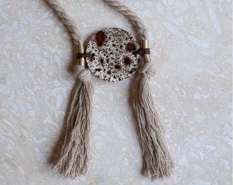 Vintage 'Luna Morvah' cacao & chalk white speckled stoneware with brass pendant on long neutral beige twisted cotton rope.