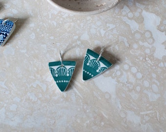 1970's stoneware teal 'Majorelle' earrings on sterling silver hoops.