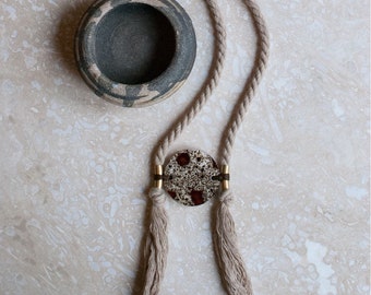 Vintage 'Luna Morvah' cacao & chalk white speckled stoneware with brass pendant on long neutral beige twisted cotton rope.