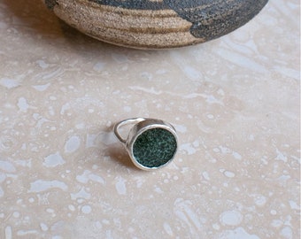 Solid Silver & Vintage Dark Green And Black Speckled Glaze Stoneware Wheel Ring