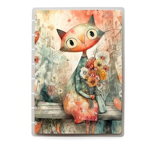 May include: A whimsical watercolor illustration of a cat-like creature holding a bouquet of flowers. The cat is wearing a dress and sitting on a bench with a cityscape background. The color palette includes orange, red, green, and yellow.