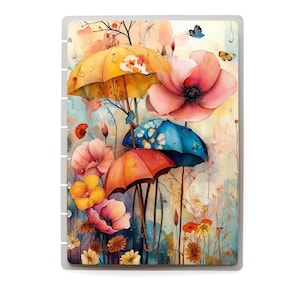 May include: A watercolor painting of colorful umbrellas and flowers. The umbrellas are yellow, orange, and blue, with delicate floral details. Large pink poppies and other wildflowers are scattered throughout the scene, with butterflies fluttering around.