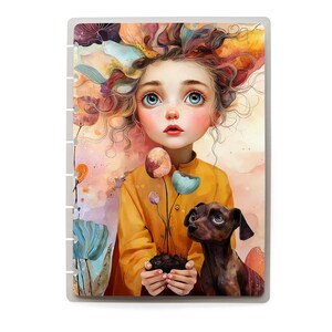 May include: A whimsical illustration of a young girl with large blue eyes and colorful hair, wearing a yellow shirt. She holds flowers and a small brown dog looks up at her. The artwork has a watercolor style with soft, blended colors.